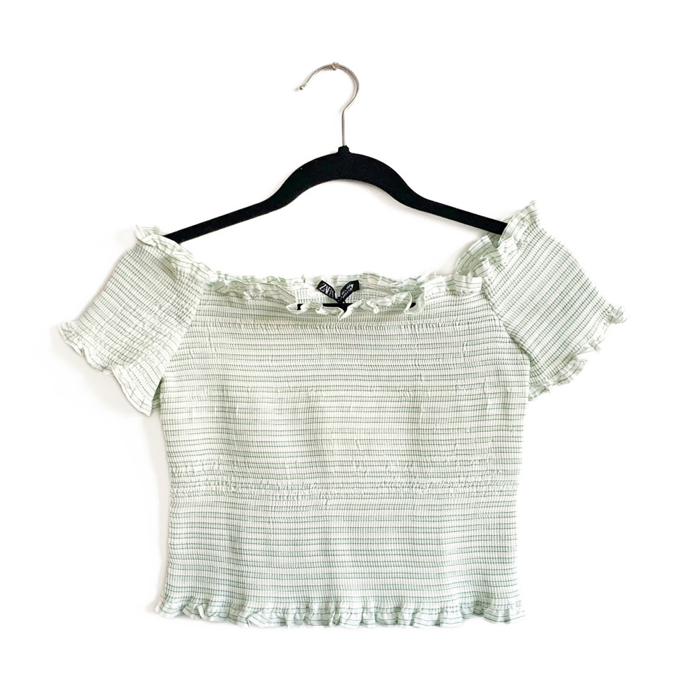 NWT Zara Smocked Green Stripe Off Shoulder Stretch Crop Top